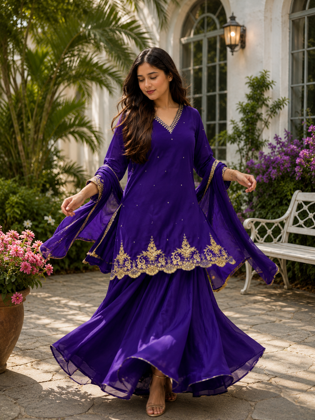 Women’s Royal Purple Embroidered Flared Kurta Set — view 2