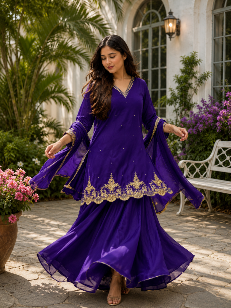 Women’s Royal Purple Embroidered Flared Kurta Set — view 1