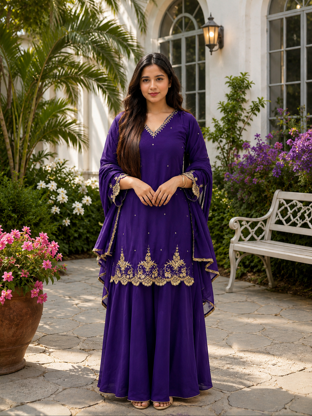Women’s Royal Purple Embroidered Flared Kurta Set — view 3