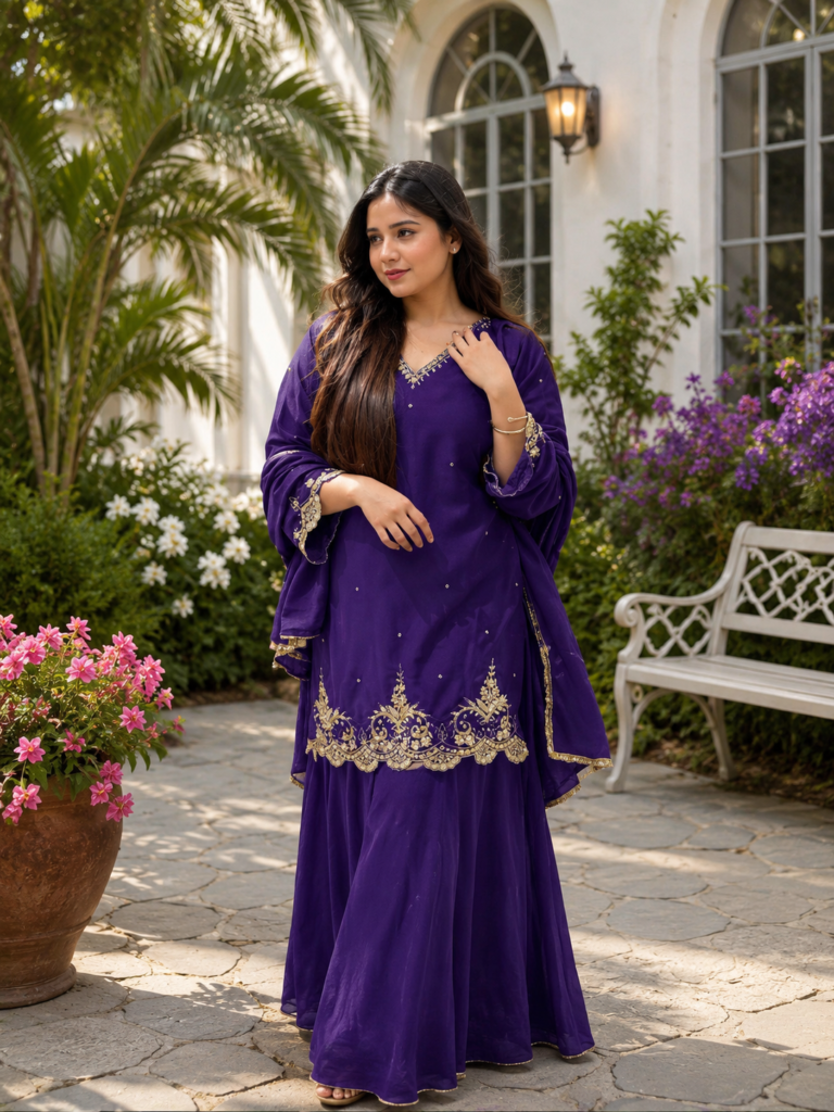 Women’s Royal Purple Embroidered Flared Kurta Set — view 1