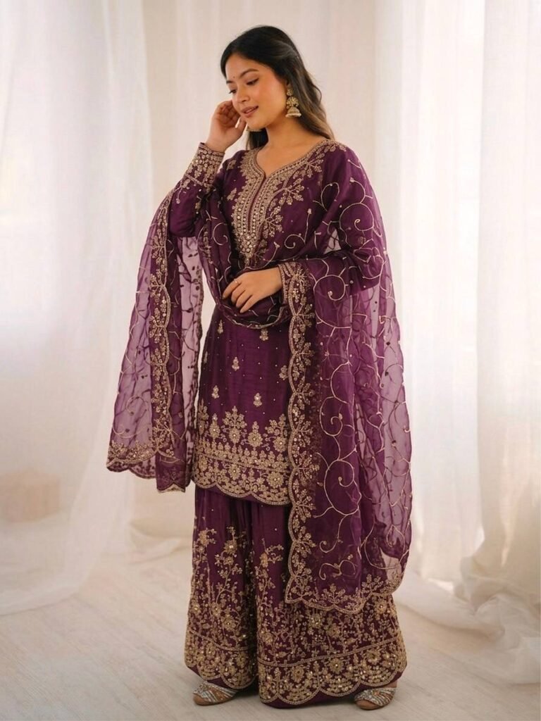 Women’s Royal Purple Embroidered Flared Kurta Set — view 1
