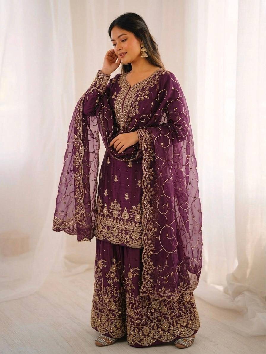 Women’s Royal Purple Embroidered Flared Kurta Set — view 4
