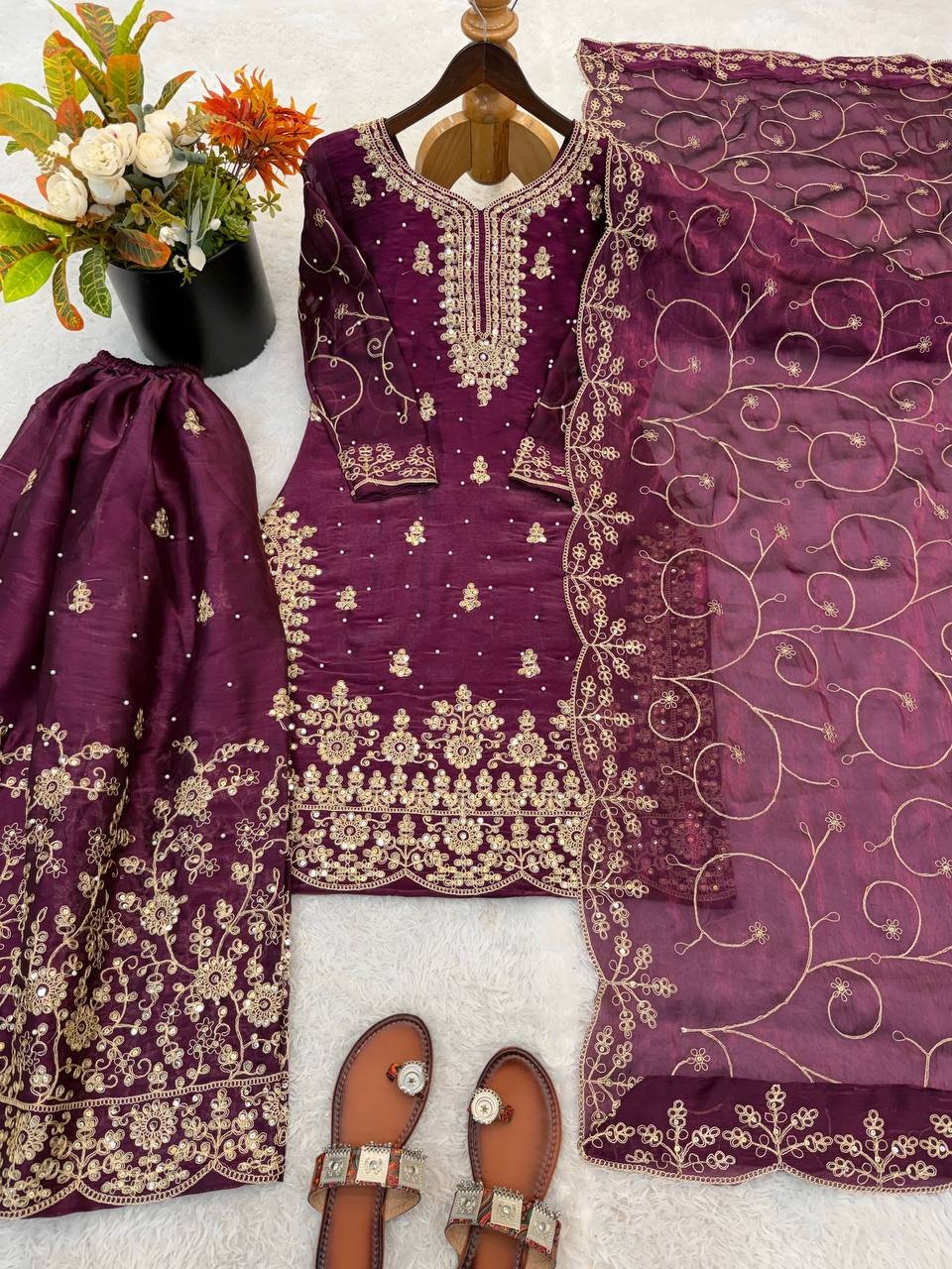 Women’s Royal Purple Embroidered Flared Kurta Set — view 2