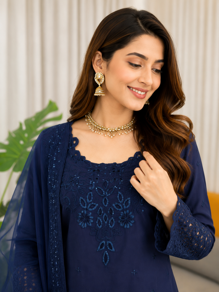 Women’s Royal Purple Embroidered Flared Kurta Set