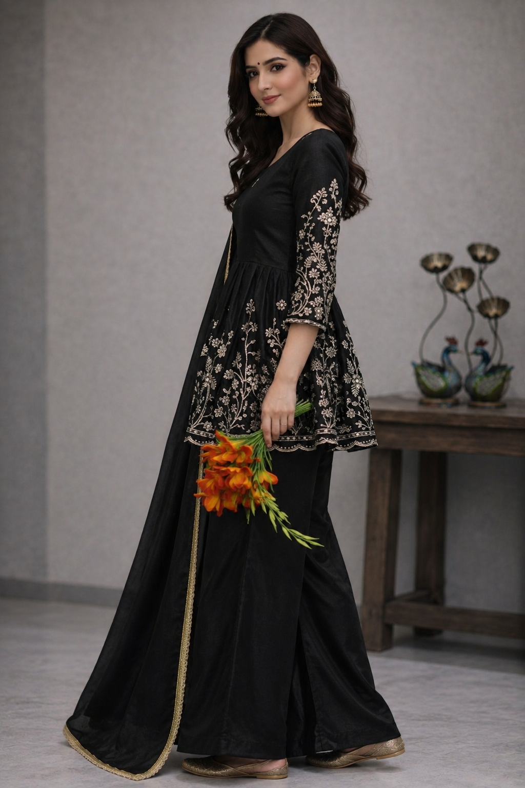 Women’s Royal Purple Embroidered Flared Kurta Set — view 4